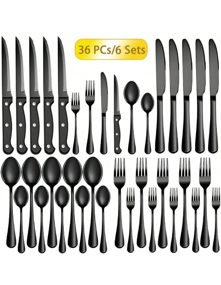 36-Pcs Black Stainless Steel Cutlery Sets